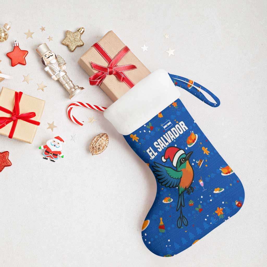 El Salvador Christmas Stocking with Santa Hat Motmot Bird Traditional Foods and Blue Festive Pattern Design - Wonder Print Shop