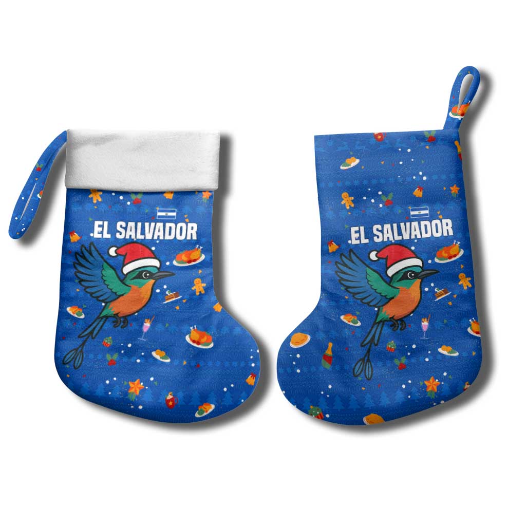 El Salvador Christmas Stocking with Santa Hat Motmot Bird Traditional Foods and Blue Festive Pattern Design - Wonder Print Shop