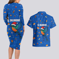 El Salvador Christmas Couples Matching Long Sleeve Bodycon Dress and Hawaiian Shirt with Santa Hat Motmot Bird Traditional Foods and Blue Festive Pattern Design - Wonder Print Shop
