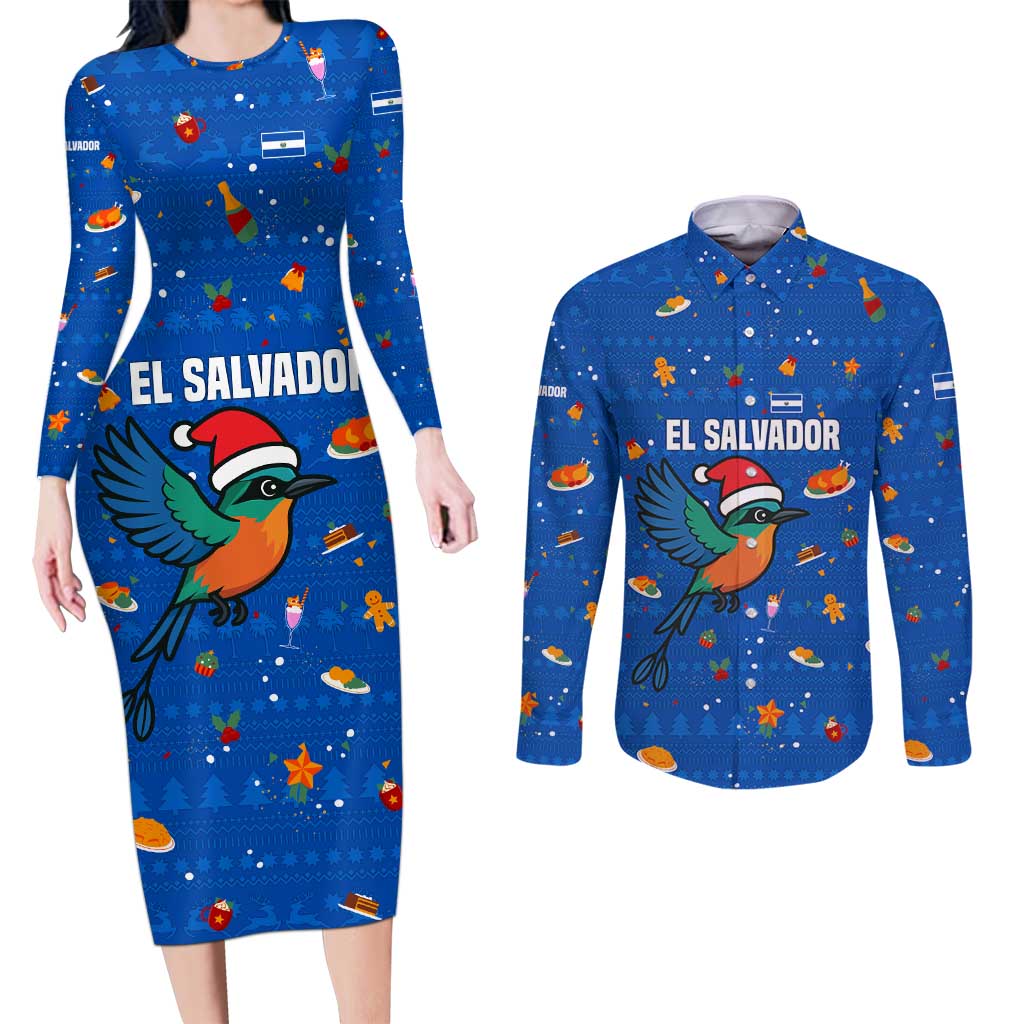 El Salvador Christmas Couples Matching Long Sleeve Bodycon Dress and Long Sleeve Button Shirt with Santa Hat Motmot Bird Traditional Foods and Blue Festive Pattern Design - Wonder Print Shop