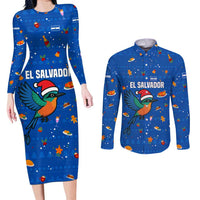 El Salvador Christmas Couples Matching Long Sleeve Bodycon Dress and Long Sleeve Button Shirt with Santa Hat Motmot Bird Traditional Foods and Blue Festive Pattern Design - Wonder Print Shop