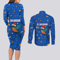 El Salvador Christmas Couples Matching Long Sleeve Bodycon Dress and Long Sleeve Button Shirt with Santa Hat Motmot Bird Traditional Foods and Blue Festive Pattern Design - Wonder Print Shop