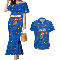El Salvador Christmas Couples Matching Mermaid Dress and Hawaiian Shirt with Santa Hat Motmot Bird Traditional Foods and Blue Festive Pattern Design - Wonder Print Shop