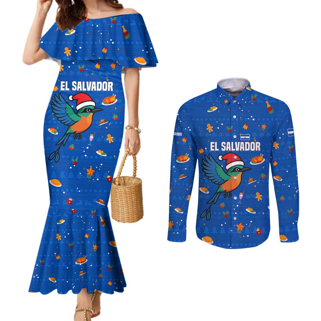 El Salvador Christmas Couples Matching Mermaid Dress and Long Sleeve Button Shirt with Santa Hat Motmot Bird Traditional Foods and Blue Festive Pattern Design - Wonder Print Shop