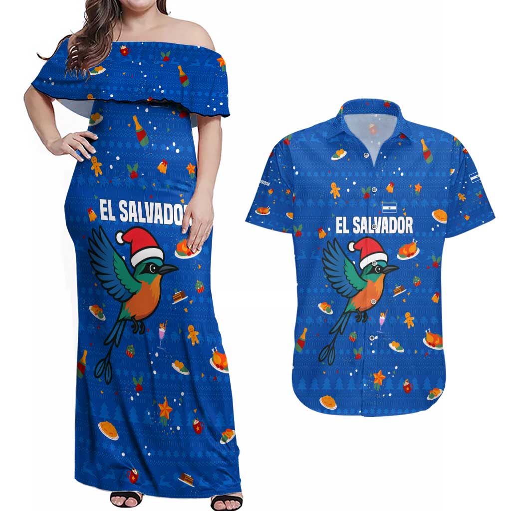 El Salvador Christmas Couples Matching Off Shoulder Maxi Dress and Hawaiian Shirt with Santa Hat Motmot Bird Traditional Foods and Blue Festive Pattern Design - Wonder Print Shop