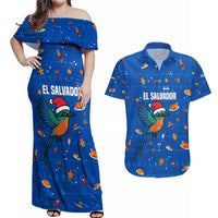 El Salvador Christmas Couples Matching Off Shoulder Maxi Dress and Hawaiian Shirt with Santa Hat Motmot Bird Traditional Foods and Blue Festive Pattern Design - Wonder Print Shop