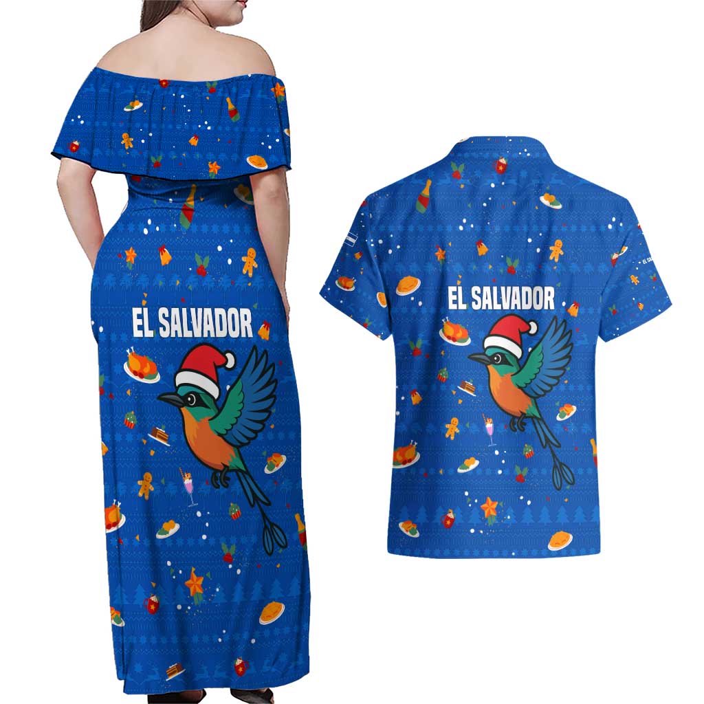 El Salvador Christmas Couples Matching Off Shoulder Maxi Dress and Hawaiian Shirt with Santa Hat Motmot Bird Traditional Foods and Blue Festive Pattern Design - Wonder Print Shop