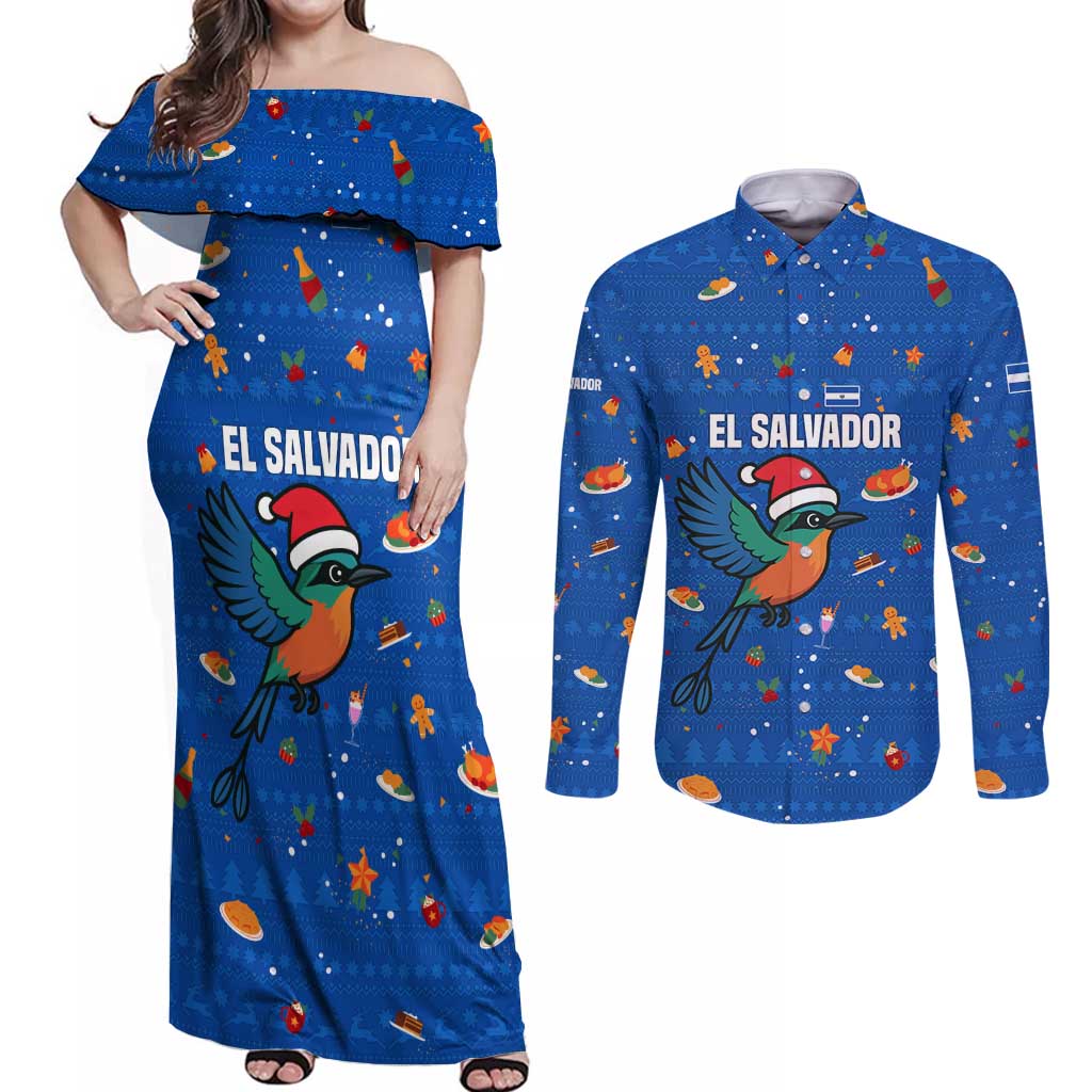 El Salvador Christmas Couples Matching Off Shoulder Maxi Dress and Long Sleeve Button Shirt with Santa Hat Motmot Bird Traditional Foods and Blue Festive Pattern Design - Wonder Print Shop