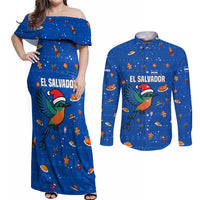 El Salvador Christmas Couples Matching Off Shoulder Maxi Dress and Long Sleeve Button Shirt with Santa Hat Motmot Bird Traditional Foods and Blue Festive Pattern Design - Wonder Print Shop