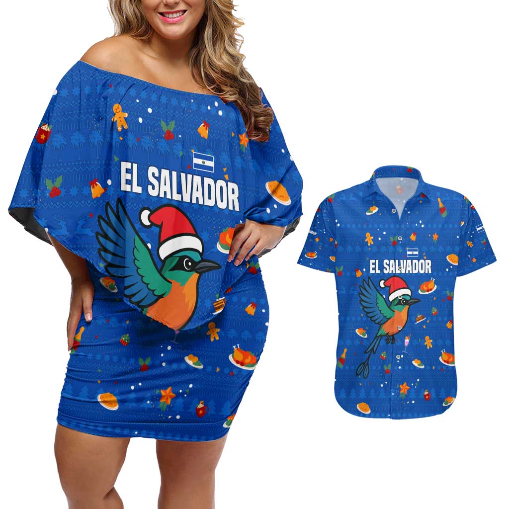 El Salvador Christmas Couples Matching Off Shoulder Short Dress and Hawaiian Shirt with Santa Hat Motmot Bird Traditional Foods and Blue Festive Pattern Design - Wonder Print Shop
