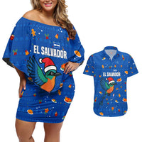 El Salvador Christmas Couples Matching Off Shoulder Short Dress and Hawaiian Shirt with Santa Hat Motmot Bird Traditional Foods and Blue Festive Pattern Design - Wonder Print Shop