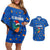 El Salvador Christmas Couples Matching Off Shoulder Short Dress and Hawaiian Shirt with Santa Hat Motmot Bird Traditional Foods and Blue Festive Pattern Design - Wonder Print Shop
