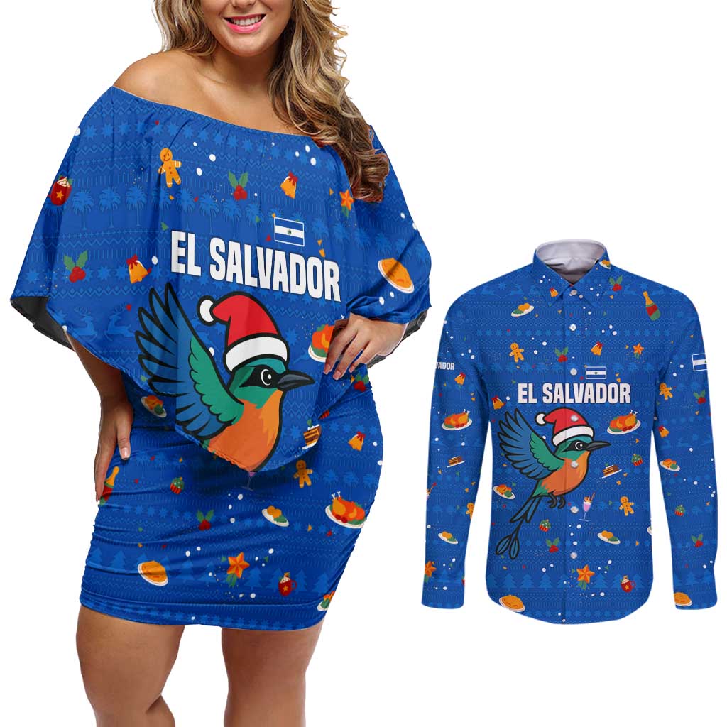 El Salvador Christmas Couples Matching Off Shoulder Short Dress and Long Sleeve Button Shirt with Santa Hat Motmot Bird Traditional Foods and Blue Festive Pattern Design - Wonder Print Shop