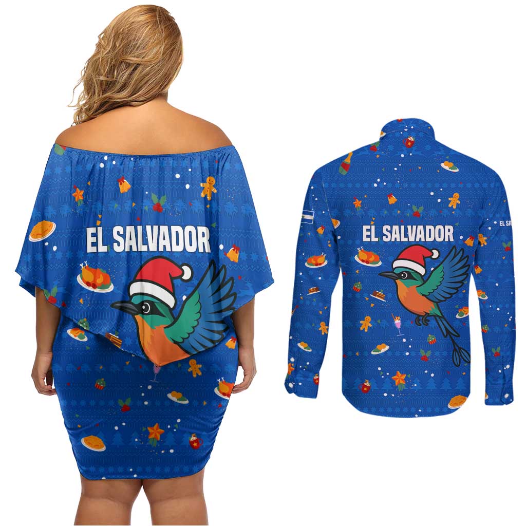 El Salvador Christmas Couples Matching Off Shoulder Short Dress and Long Sleeve Button Shirt with Santa Hat Motmot Bird Traditional Foods and Blue Festive Pattern Design - Wonder Print Shop