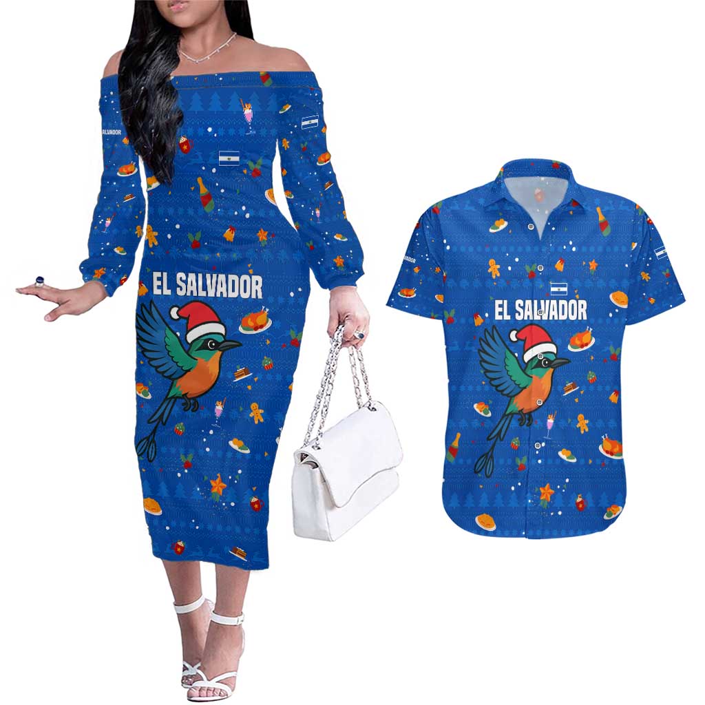 El Salvador Christmas Couples Matching Off The Shoulder Long Sleeve Dress and Hawaiian Shirt with Santa Hat Motmot Bird Traditional Foods and Blue Festive Pattern Design - Wonder Print Shop