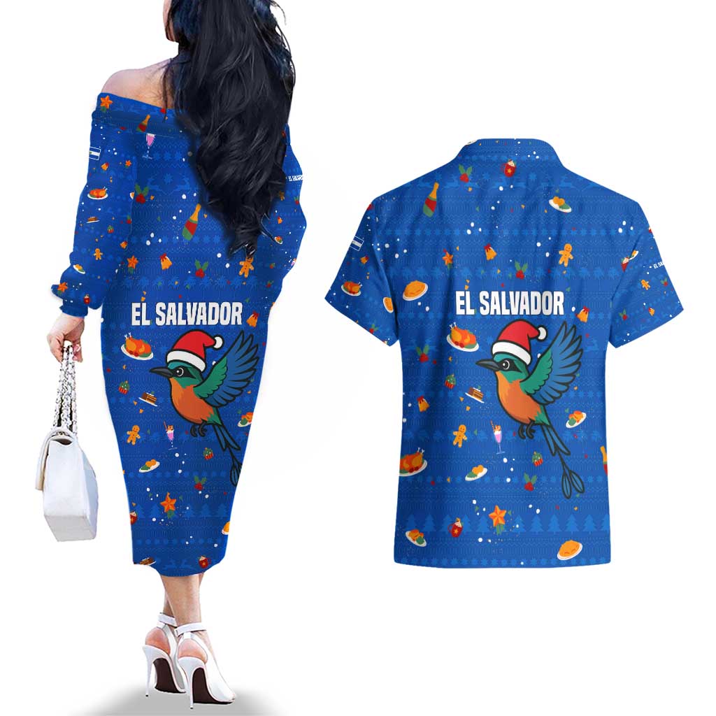 El Salvador Christmas Couples Matching Off The Shoulder Long Sleeve Dress and Hawaiian Shirt with Santa Hat Motmot Bird Traditional Foods and Blue Festive Pattern Design - Wonder Print Shop