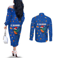 El Salvador Christmas Couples Matching Off The Shoulder Long Sleeve Dress and Long Sleeve Button Shirt with Santa Hat Motmot Bird Traditional Foods and Blue Festive Pattern Design - Wonder Print Shop