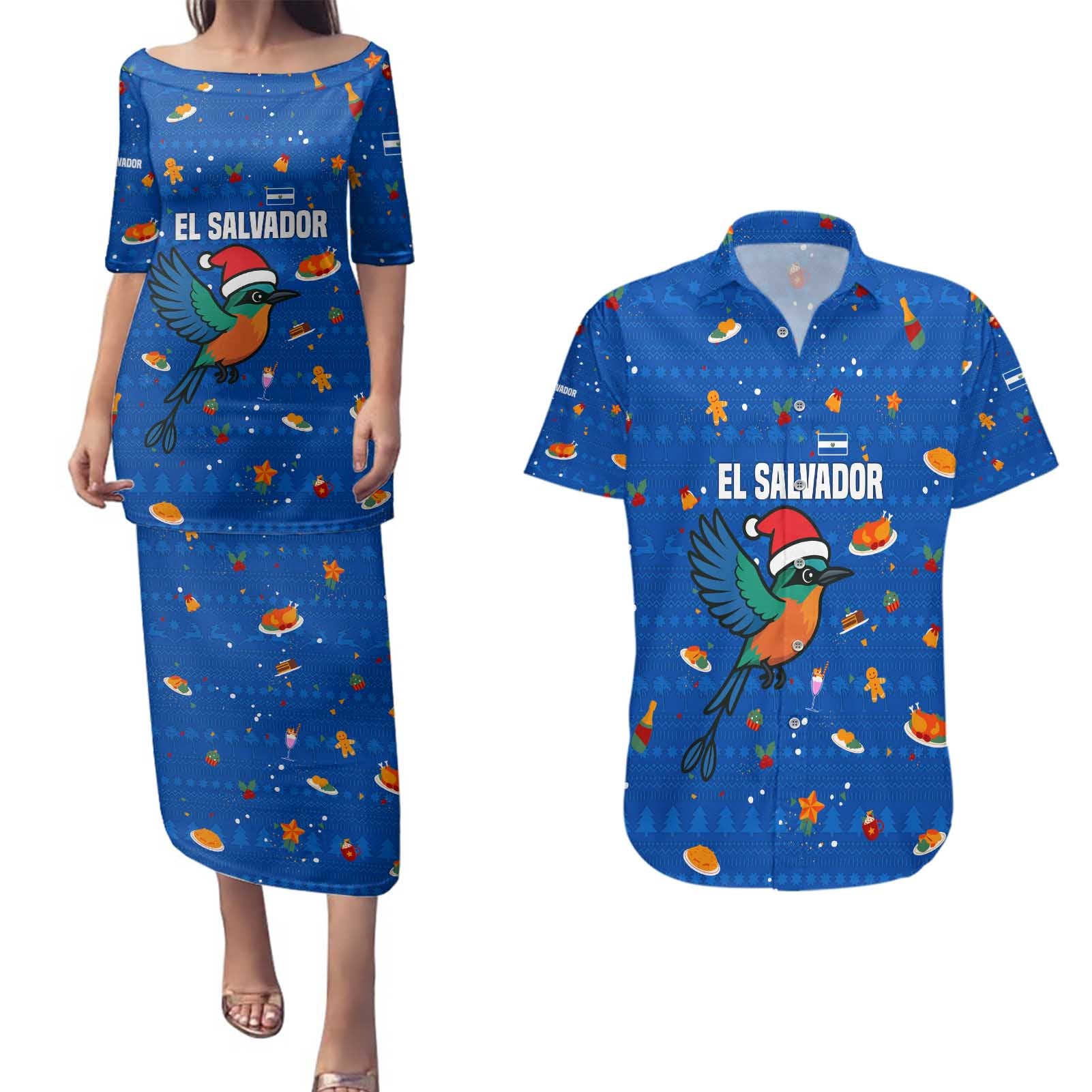 El Salvador Christmas Couples Matching Puletasi and Hawaiian Shirt with Santa Hat Motmot Bird Traditional Foods and Blue Festive Pattern Design - Wonder Print Shop