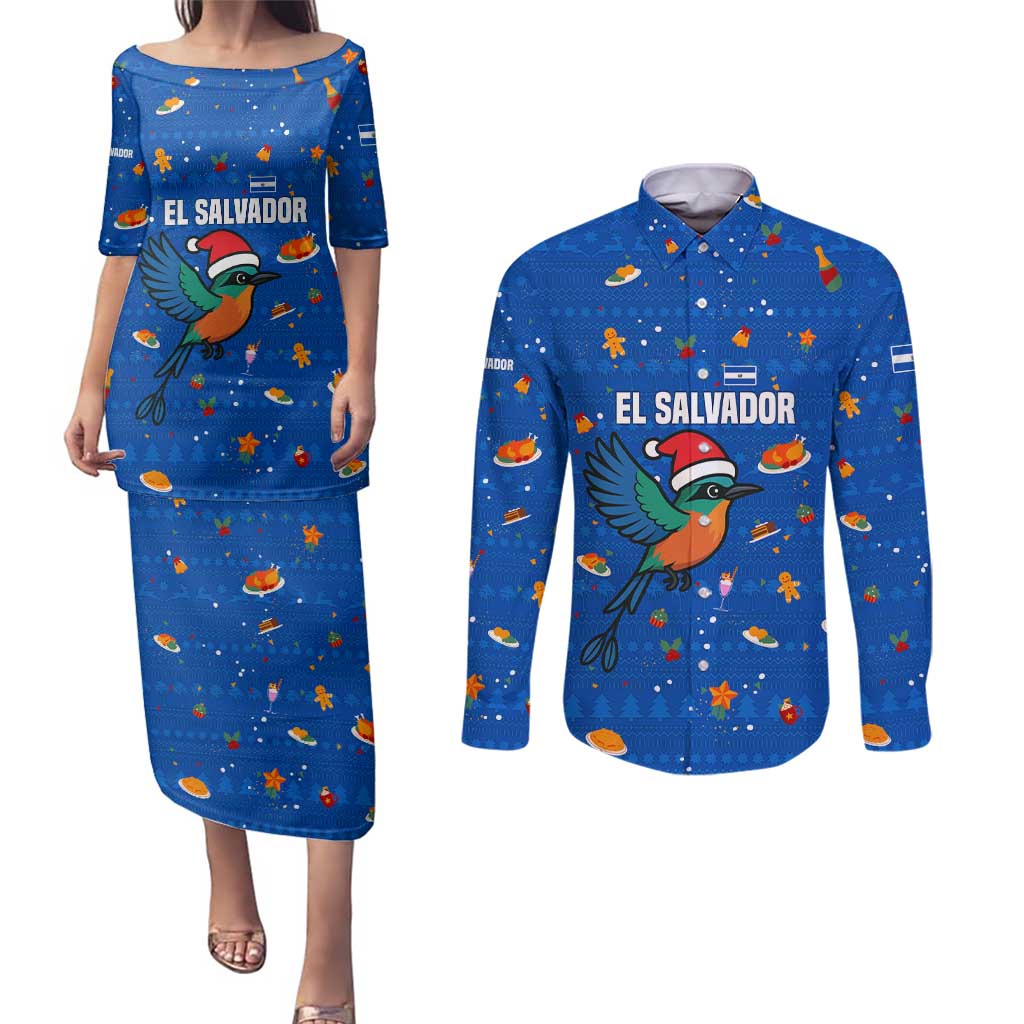 El Salvador Christmas Couples Matching Puletasi and Long Sleeve Button Shirt with Santa Hat Motmot Bird Traditional Foods and Blue Festive Pattern Design - Wonder Print Shop