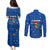El Salvador Christmas Couples Matching Puletasi and Long Sleeve Button Shirt with Santa Hat Motmot Bird Traditional Foods and Blue Festive Pattern Design - Wonder Print Shop