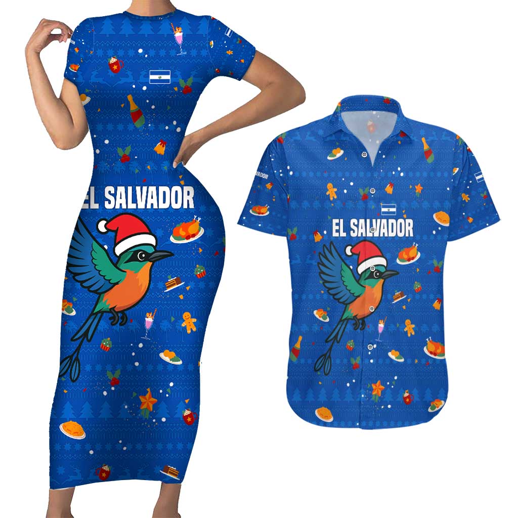 El Salvador Christmas Couples Matching Short Sleeve Bodycon Dress and Hawaiian Shirt with Santa Hat Motmot Bird Traditional Foods and Blue Festive Pattern Design - Wonder Print Shop