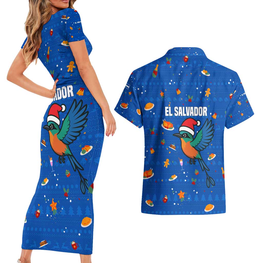 El Salvador Christmas Couples Matching Short Sleeve Bodycon Dress and Hawaiian Shirt with Santa Hat Motmot Bird Traditional Foods and Blue Festive Pattern Design - Wonder Print Shop