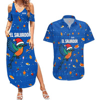 El Salvador Christmas Couples Matching Summer Maxi Dress and Hawaiian Shirt with Santa Hat Motmot Bird Traditional Foods and Blue Festive Pattern Design - Wonder Print Shop
