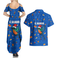 El Salvador Christmas Couples Matching Summer Maxi Dress and Hawaiian Shirt with Santa Hat Motmot Bird Traditional Foods and Blue Festive Pattern Design - Wonder Print Shop