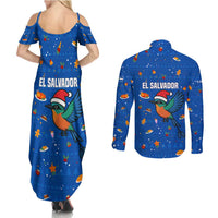 El Salvador Christmas Couples Matching Summer Maxi Dress and Long Sleeve Button Shirt with Santa Hat Motmot Bird Traditional Foods and Blue Festive Pattern Design - Wonder Print Shop