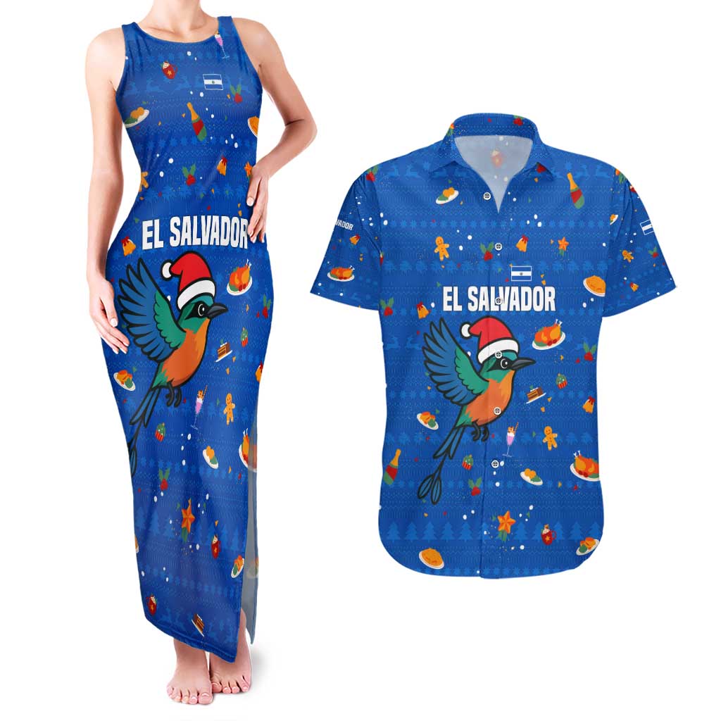 El Salvador Christmas Couples Matching Tank Maxi Dress and Hawaiian Shirt with Santa Hat Motmot Bird Traditional Foods and Blue Festive Pattern Design - Wonder Print Shop