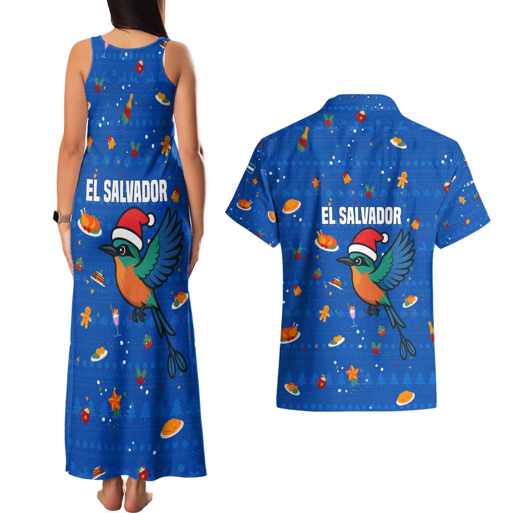 El Salvador Christmas Couples Matching Tank Maxi Dress and Hawaiian Shirt with Santa Hat Motmot Bird Traditional Foods and Blue Festive Pattern Design - Wonder Print Shop