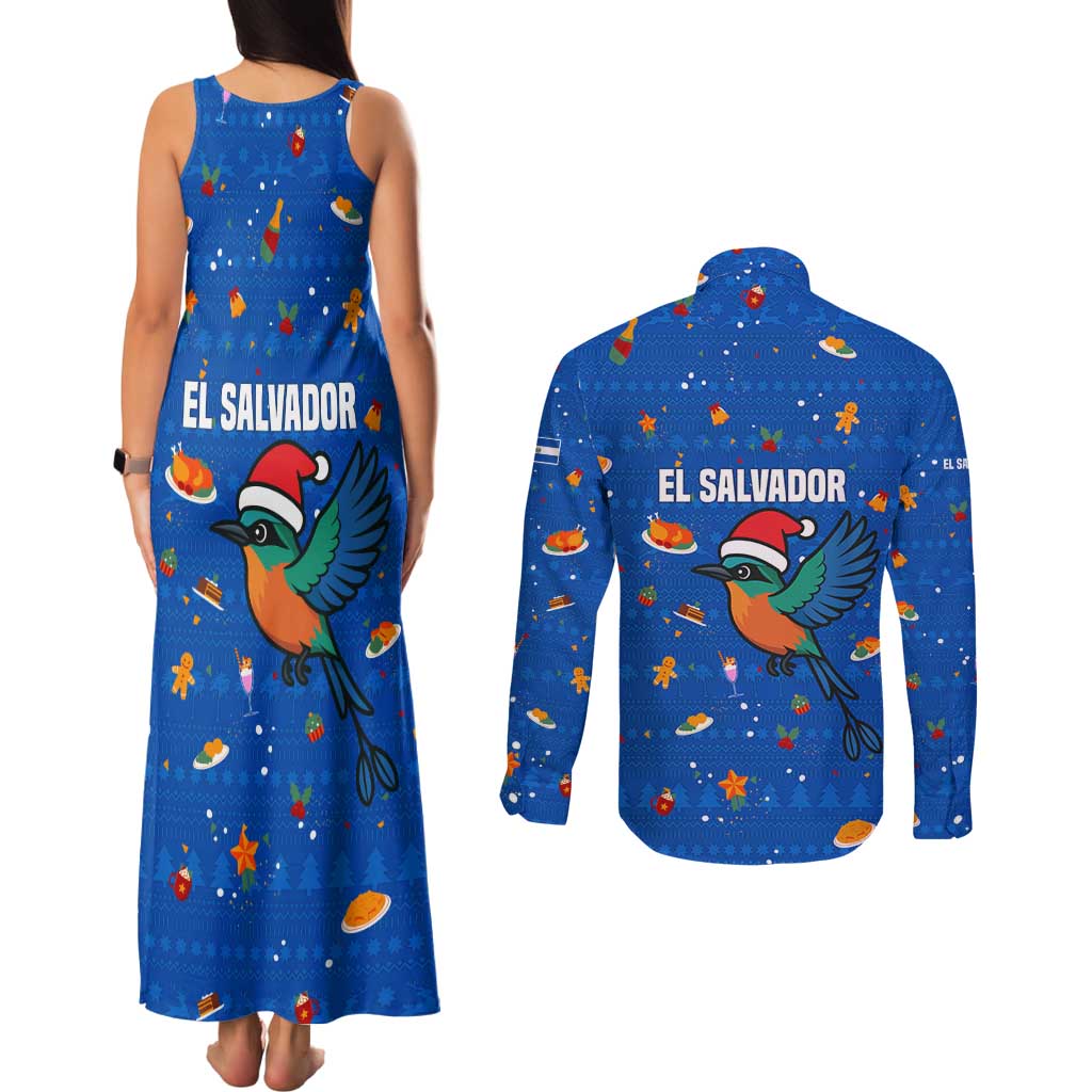 El Salvador Christmas Couples Matching Tank Maxi Dress and Long Sleeve Button Shirt with Santa Hat Motmot Bird Traditional Foods and Blue Festive Pattern Design - Wonder Print Shop