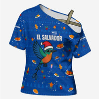 El Salvador Christmas Cross Shoulder Shirt with Santa Hat Motmot Bird Traditional Foods and Blue Festive Pattern Design - Wonder Print Shop