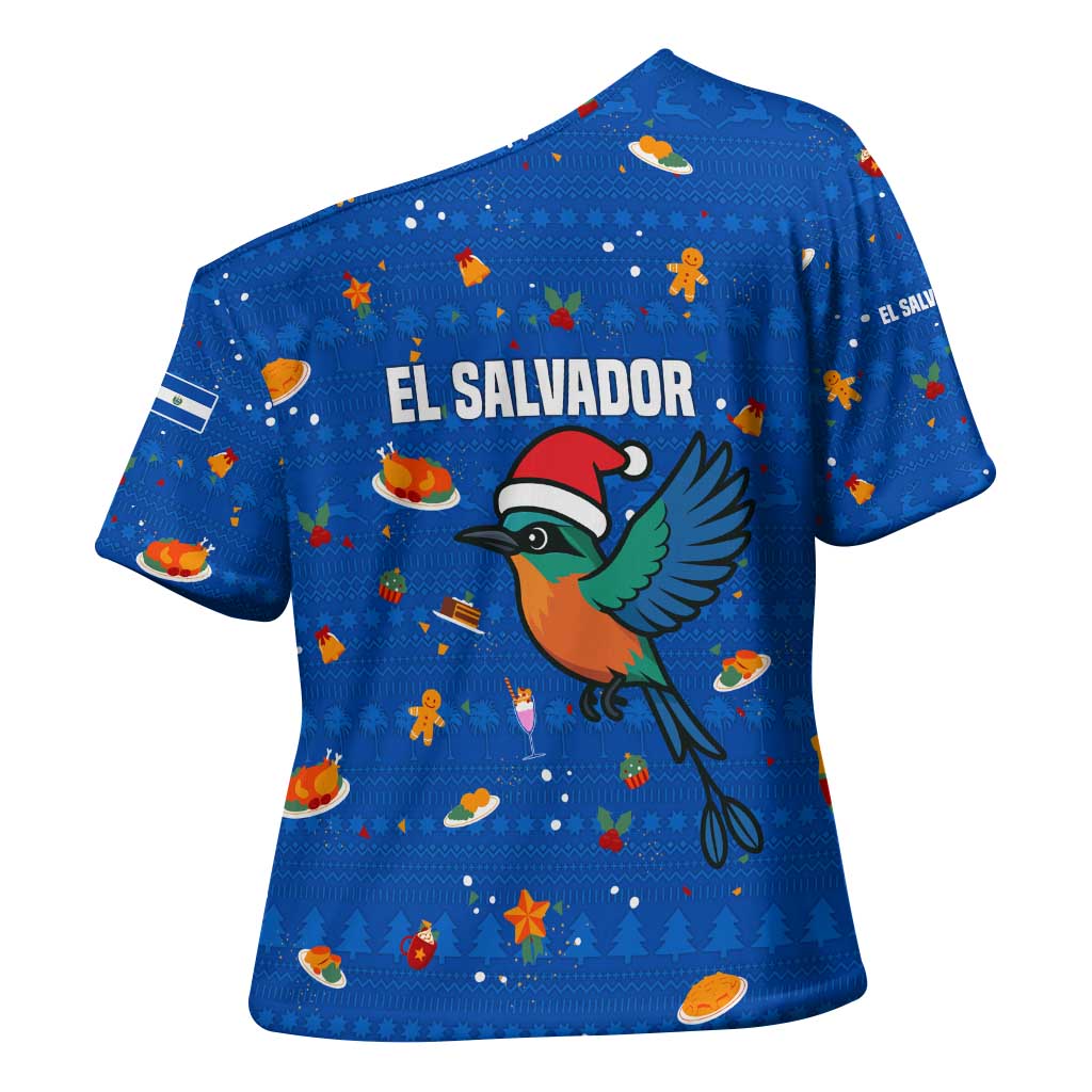 El Salvador Christmas Cross Shoulder Shirt with Santa Hat Motmot Bird Traditional Foods and Blue Festive Pattern Design - Wonder Print Shop