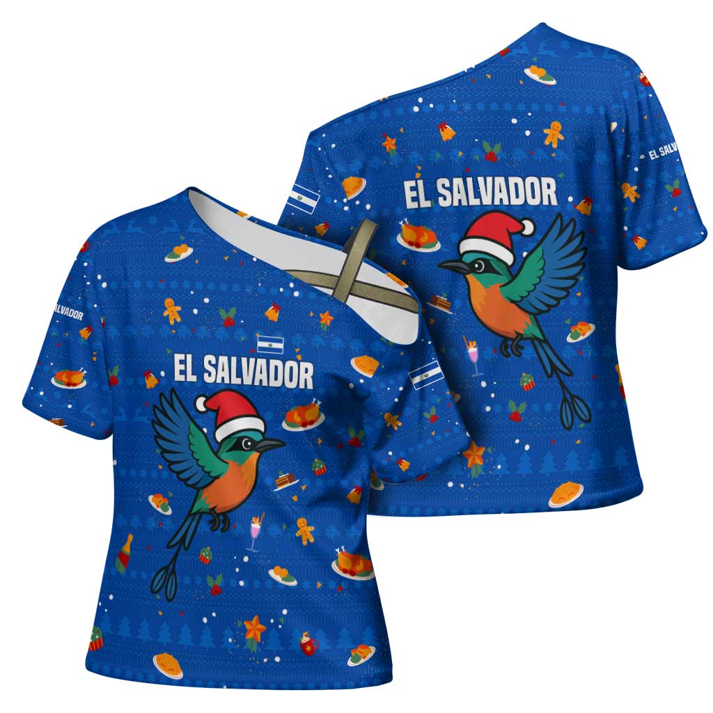 El Salvador Christmas Cross Shoulder Shirt with Santa Hat Motmot Bird Traditional Foods and Blue Festive Pattern Design - Wonder Print Shop