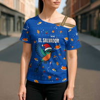 El Salvador Christmas Cross Shoulder Shirt with Santa Hat Motmot Bird Traditional Foods and Blue Festive Pattern Design - Wonder Print Shop