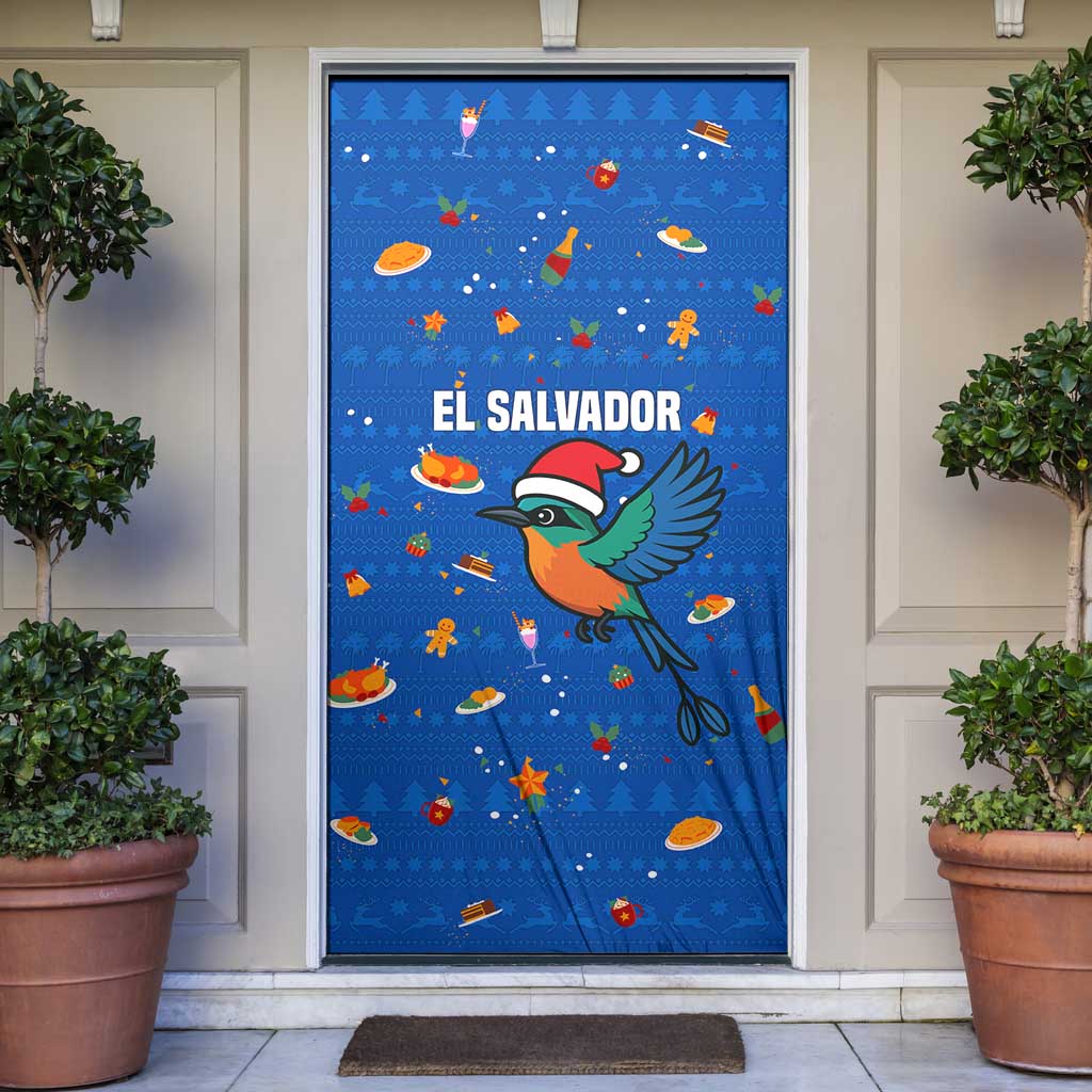 El Salvador Christmas Door Cover with Santa Hat Motmot Bird Traditional Foods and Blue Festive Pattern Design - Wonder Print Shop