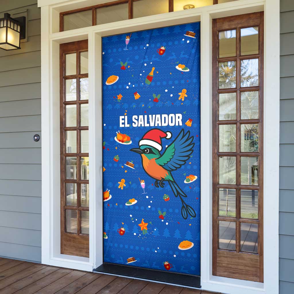 El Salvador Christmas Door Cover with Santa Hat Motmot Bird Traditional Foods and Blue Festive Pattern Design - Wonder Print Shop