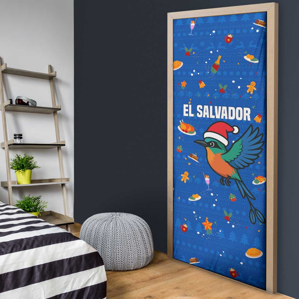El Salvador Christmas Door Cover with Santa Hat Motmot Bird Traditional Foods and Blue Festive Pattern Design - Wonder Print Shop