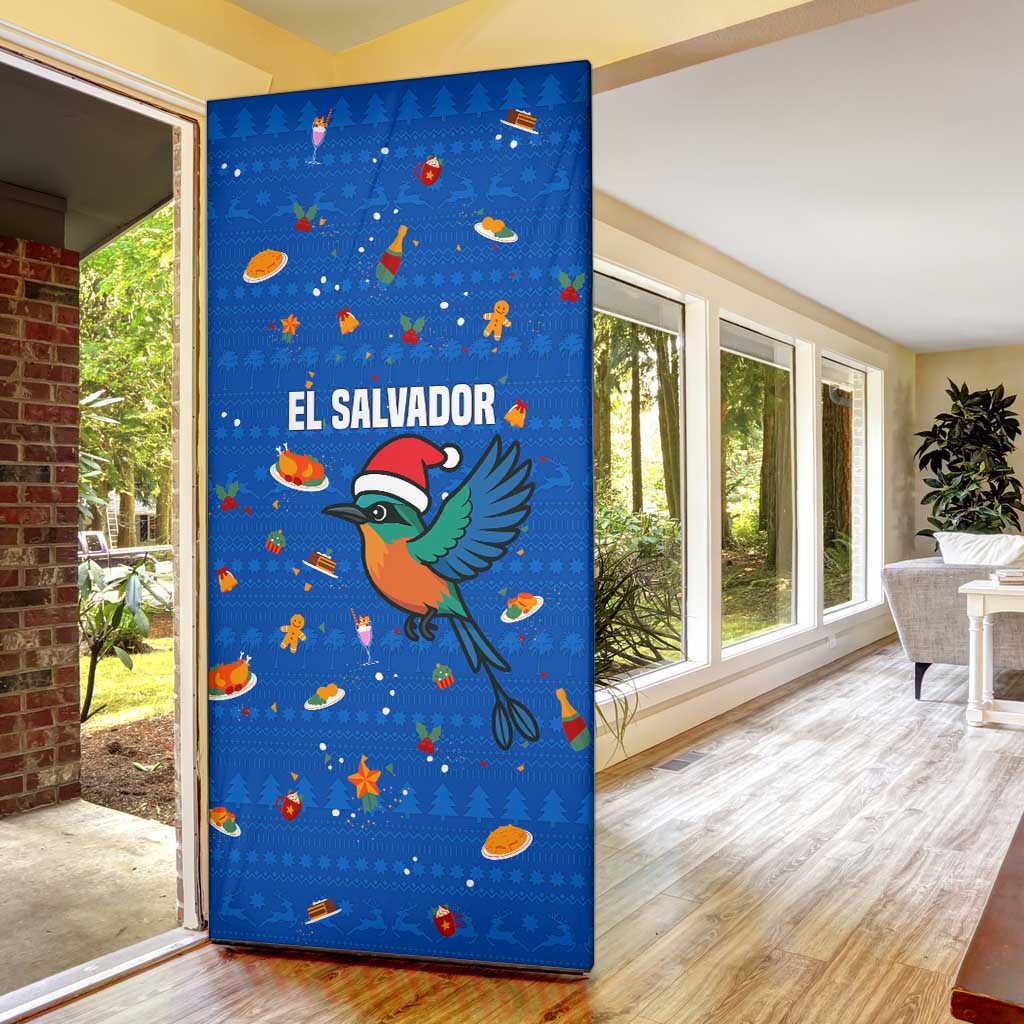 El Salvador Christmas Door Cover with Santa Hat Motmot Bird Traditional Foods and Blue Festive Pattern Design - Wonder Print Shop