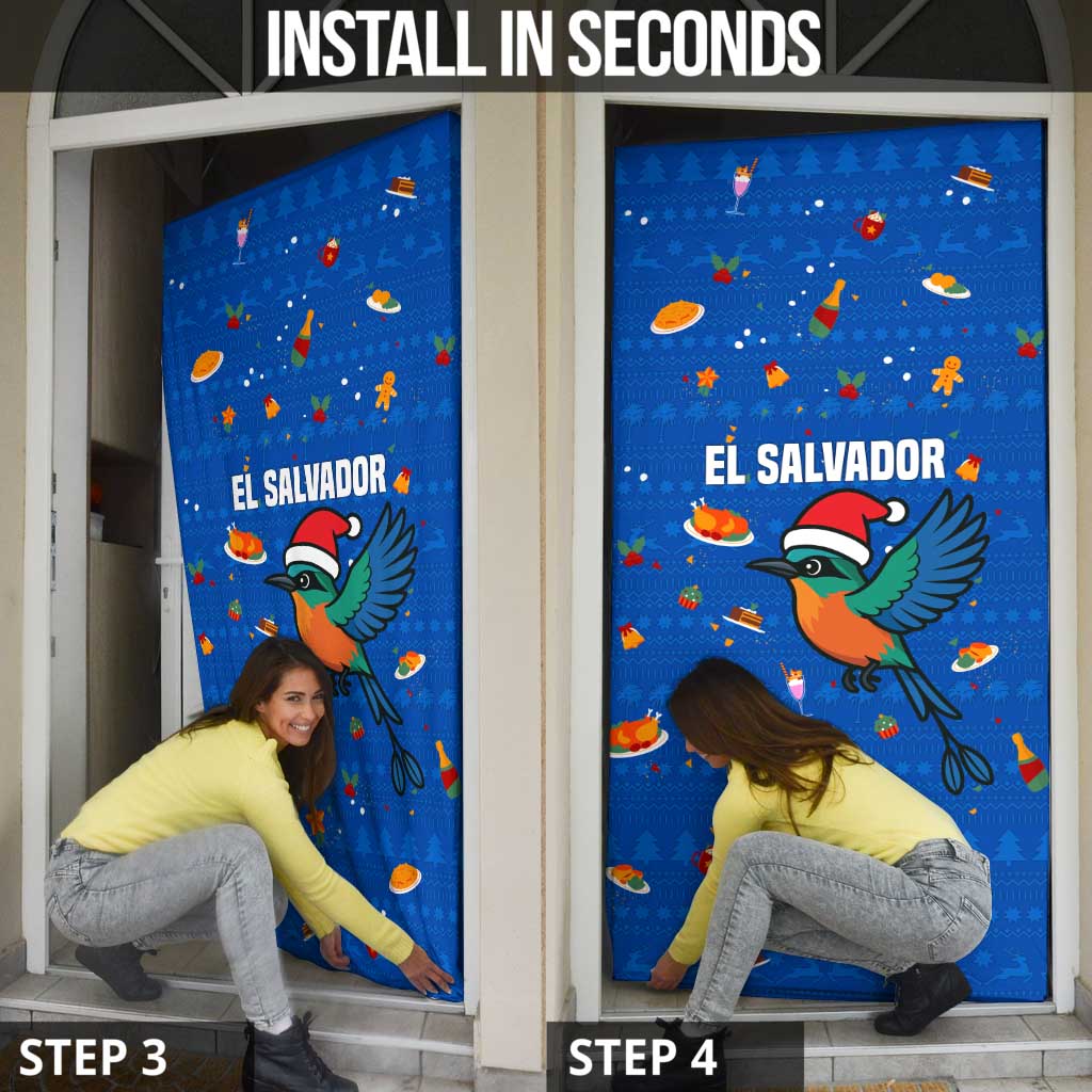 El Salvador Christmas Door Cover with Santa Hat Motmot Bird Traditional Foods and Blue Festive Pattern Design - Wonder Print Shop