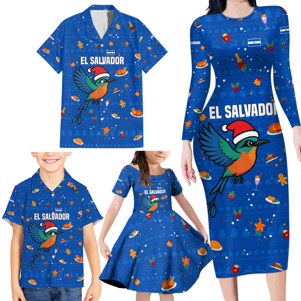 El Salvador Christmas Family Matching Long Sleeve Bodycon Dress and Hawaiian Shirt with Santa Hat Motmot Bird Traditional Foods and Blue Festive Pattern Design - Wonder Print Shop