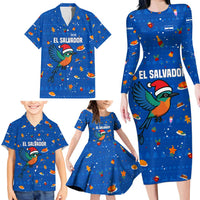 El Salvador Christmas Family Matching Long Sleeve Bodycon Dress and Hawaiian Shirt with Santa Hat Motmot Bird Traditional Foods and Blue Festive Pattern Design - Wonder Print Shop