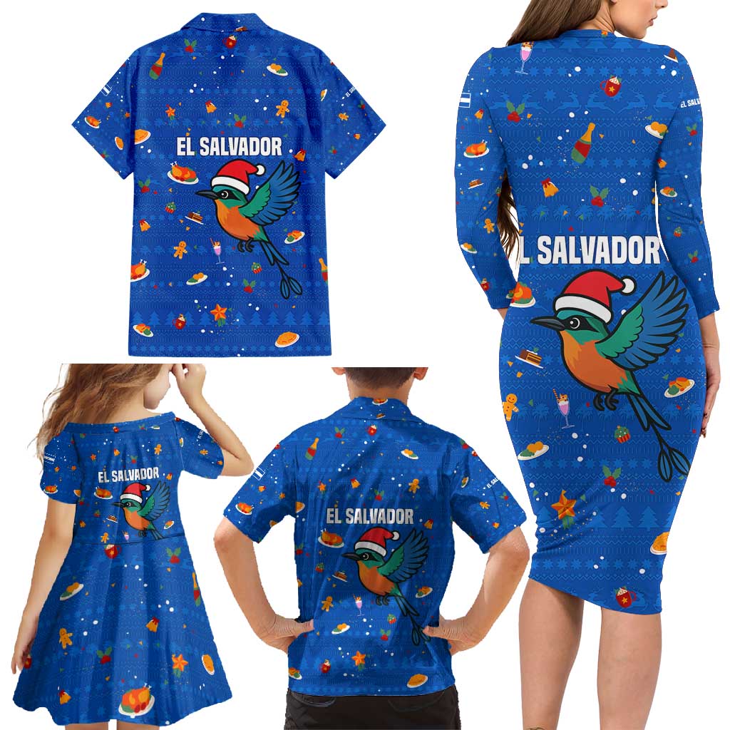 El Salvador Christmas Family Matching Long Sleeve Bodycon Dress and Hawaiian Shirt with Santa Hat Motmot Bird Traditional Foods and Blue Festive Pattern Design - Wonder Print Shop