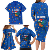 El Salvador Christmas Family Matching Long Sleeve Bodycon Dress and Hawaiian Shirt with Santa Hat Motmot Bird Traditional Foods and Blue Festive Pattern Design - Wonder Print Shop