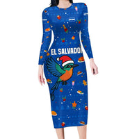 El Salvador Christmas Family Matching Long Sleeve Bodycon Dress and Hawaiian Shirt with Santa Hat Motmot Bird Traditional Foods and Blue Festive Pattern Design - Wonder Print Shop