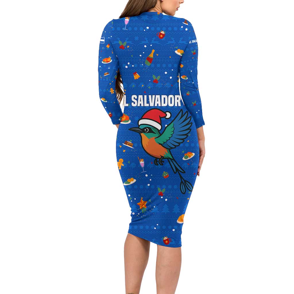 El Salvador Christmas Family Matching Long Sleeve Bodycon Dress and Hawaiian Shirt with Santa Hat Motmot Bird Traditional Foods and Blue Festive Pattern Design - Wonder Print Shop