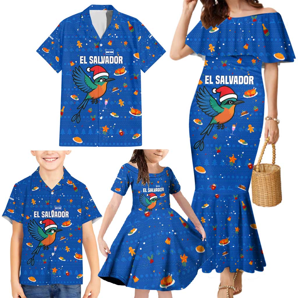 El Salvador Christmas Family Matching Mermaid Dress and Hawaiian Shirt with Santa Hat Motmot Bird Traditional Foods and Blue Festive Pattern Design - Wonder Print Shop