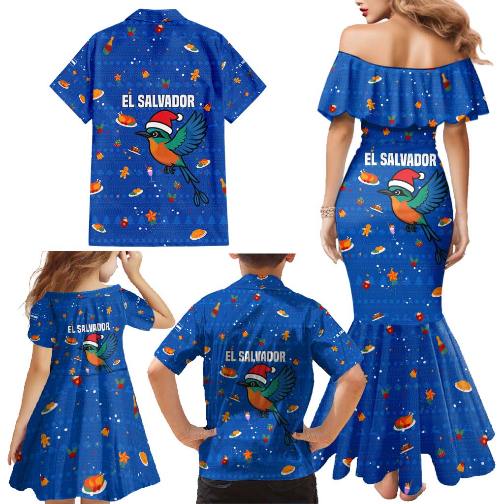 El Salvador Christmas Family Matching Mermaid Dress and Hawaiian Shirt with Santa Hat Motmot Bird Traditional Foods and Blue Festive Pattern Design - Wonder Print Shop