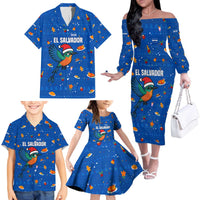 El Salvador Christmas Family Matching Off The Shoulder Long Sleeve Dress and Hawaiian Shirt with Santa Hat Motmot Bird Traditional Foods and Blue Festive Pattern Design - Wonder Print Shop